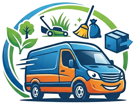 Logo Pomocny Van – uśmiechnięty van w otoczeniu ikon ogrodu, porządków i transportu